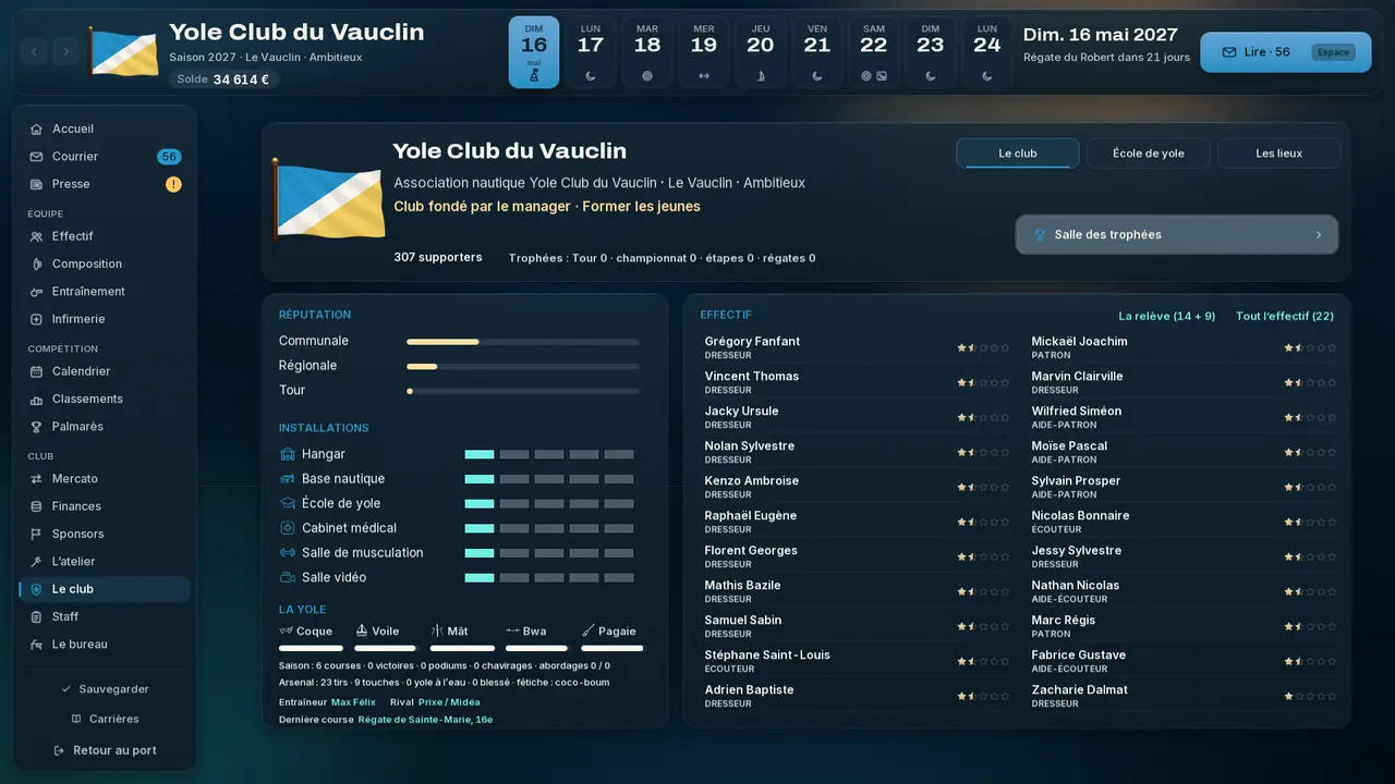 L’onglet Arsenal d’un club dans le Manager : tirs, touches, yoles à l’eau, arme fétiche