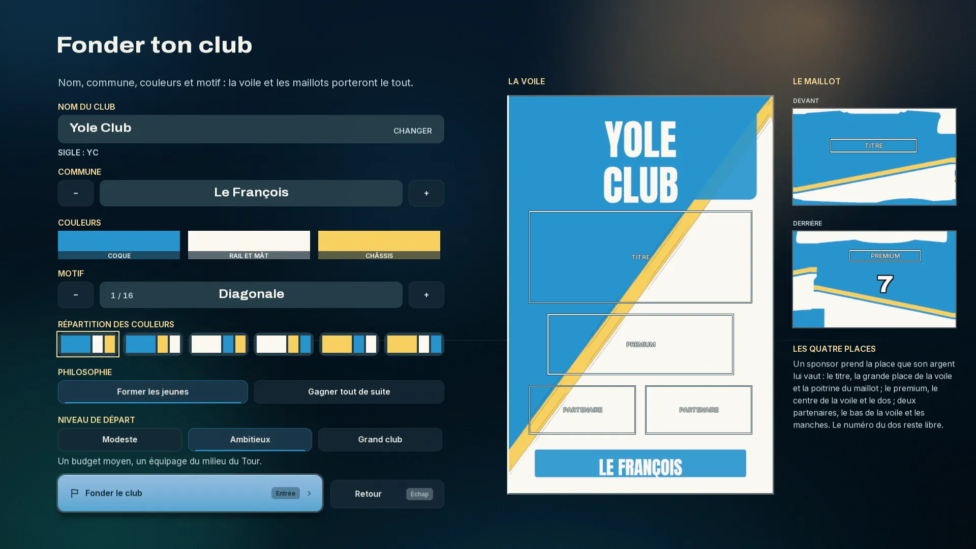 La page « Fonder ton club » : nom, commune, couleurs, motif, philosophie, niveau, et l’aperçu de la voile et du maillot