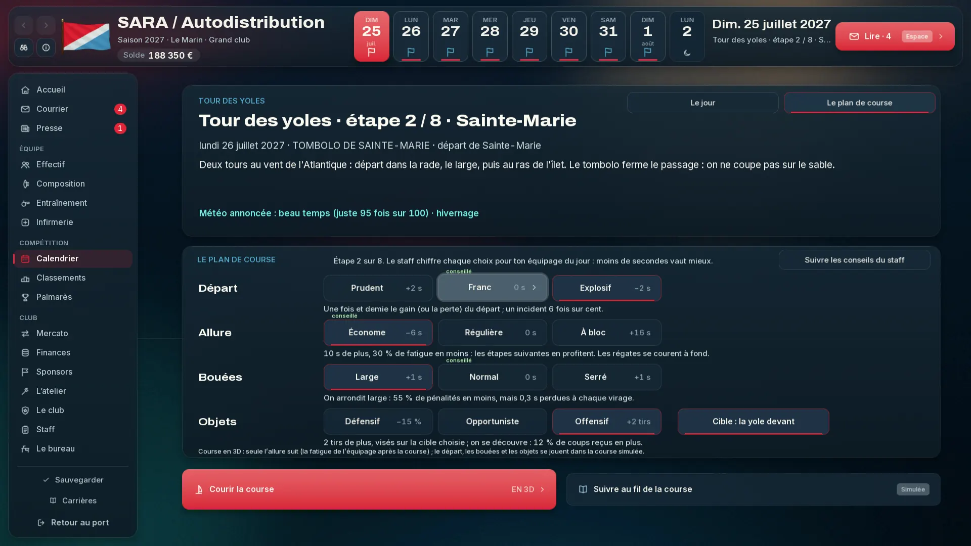Le plan de course : départ, allure, bouées, objets, avec les secondes gagnées ou perdues